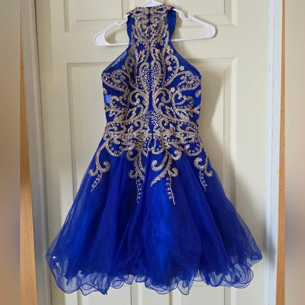 Elegant Blue and Gold Kids Dress - Picture 2 of 11